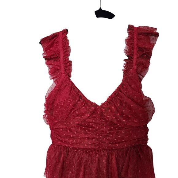 Red Maxi Dress Ruffled Tiered Tulle Empire Waist Western Romance Party Prom  M - Picture 3 of 5